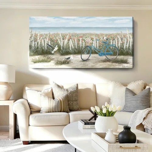 Miniatura 28 de Arte de pared para decoración de baño, imagen de playa azul, tema oceánico, impresión en lienzo de flores, pintura moderna de paisaje marino