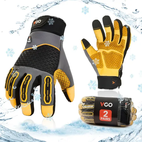 Miniatura 7 de Vgo... Guantes de trabajo de invierno para hombres, guantes de trabajo de seguridad impermeables para clima frío, guantes para congelador, cuero