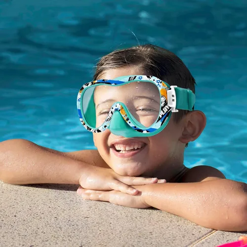 Miniatura 9 de Gafas de natación para niños con cubierta para la nariz, máscara de esnórquel panorámica de 180° con diseño antivaho y antifugas, correa de tela