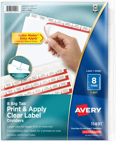 Avery 8 separadores de pestañas grandes para carpeta de 3 anillas, tira de etiquetas transparente fácil de imprimir y aplicar, pestañas blancas