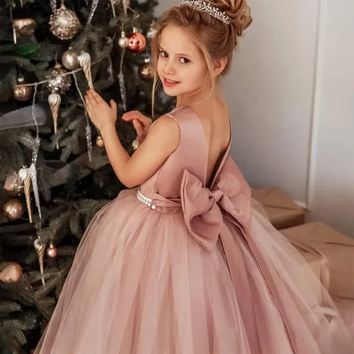 Miniatura 3 de Vestido de niña de flores para boda, espalda abierta, sin mangas, de tul de princesa, vestido de baile con nudo de lazo