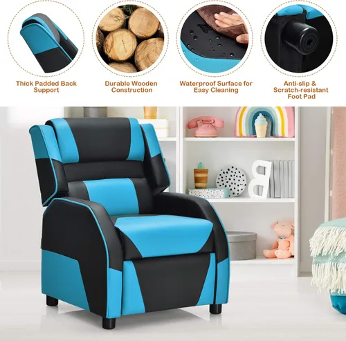 Miniatura 9 de Giantex Silla reclinable para niños, silla reclinable para juegos con reposapiés, reposacabezas y soporte lumbar, silla ergonómica de cuero para Azul