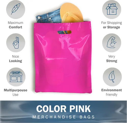 Miniatura 4 de PPB - Bolsas de plástico rosa de 12 x 15 pulgadas, acabado brillante, tamaño mediano al por menor, paquete de 200, 1.5 mil de grosor, con asas