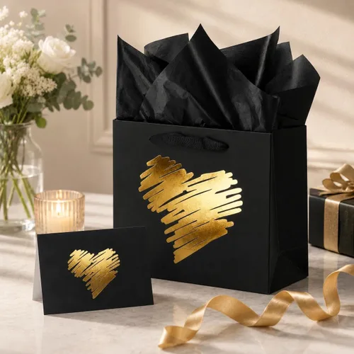 Miniatura 3 de ysmile Pequeña bolsa de regalo negra con papel de seda para hombres, fiesta de cumpleaños, aniversario, día del padre, 7.8 pulgadas, corazón dorado
