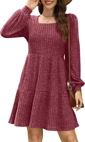 Miniatura 2 de SAMPEEL Vestido de otoño de manga larga con cuello cuadrado para mujer, vestido casual tipo babydoll