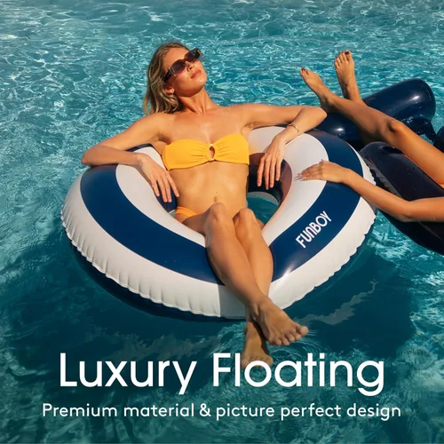 Miniatura 2 de FUNBOY Flotador inflable gigante de 48 pulgadas con diseño de rayas azul marino con portavasos de 48 pulgadas Flotador de piscina grande