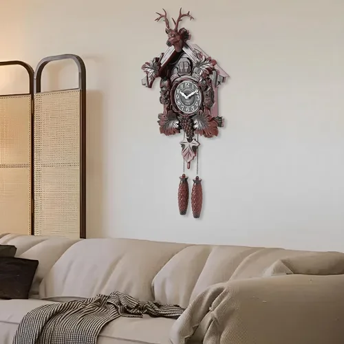 Miniatura 3 de TFCFL Reloj de pared de cuernos, movimiento de cuarzo silencioso, funciona con pilas, reloj de pared con péndulo y carillón de pájaro de cuco