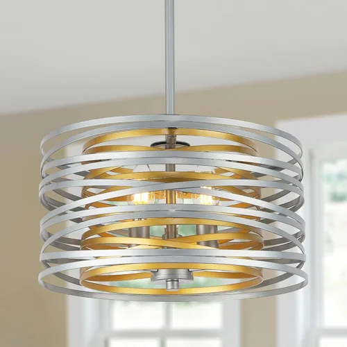 ACNKTZ Lámpara Colgante de Tambor de 12.6'', Luminaria Colgante, Candelabro Retro Semi Empotrado, Candelabros Plateados para Comedor Dormitorio
