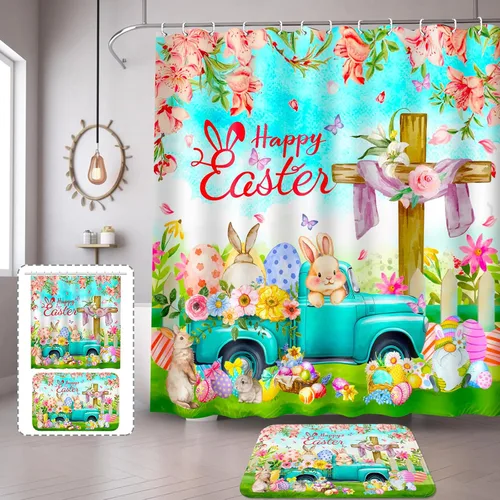 Lutto Cortina de ducha de Pascua, cortinas de ducha de primavera para baño, juego de baño de Pascua con flor de conejo para decoración de baño, 72 x