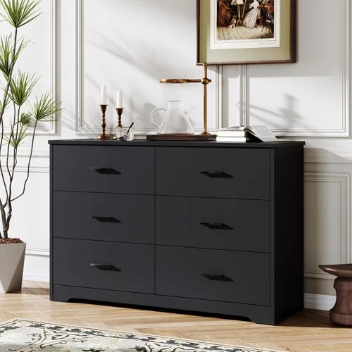 LIDYUK Cómoda negra para dormitorio, cómoda de 6 cajones y cómodas, cómoda de madera moderna, cómoda de 48 pulgadas de ancho para dormitorio,