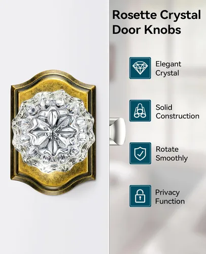 Miniatura 3 de Pomos de puerta de cristal para interiores, pomos de puerta de cristal de latón envejecido con cerradura para uso de privacidad, pomos de puerta
