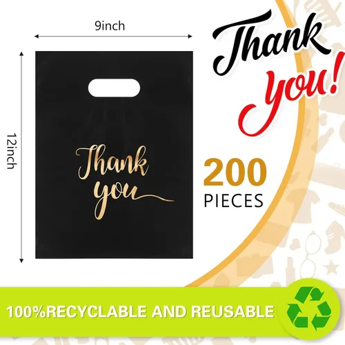 Miniatura 2 de Sabary 200 bolsas de plástico reutilizables pequeñas de 9 x 12 pulgadas con asas troqueladas a granel para negocios, fiestas, tiendas, boutique
