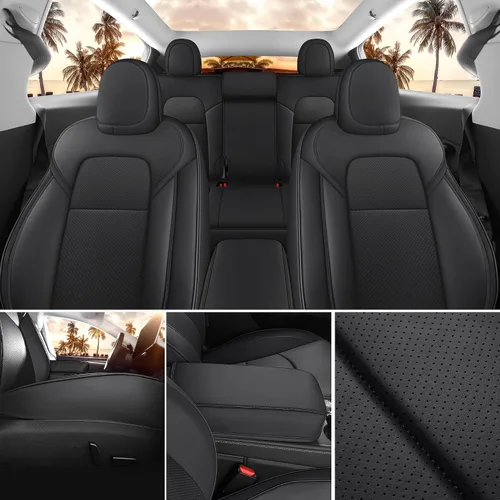 Miniatura 5 de Fundas de Asiento Negras para Tesla Model Y, Funda de Asiento de Coche Tesla de 12 Piezas, Impermeable, Cuero Nappa, Totalmente Envueltas, Negro