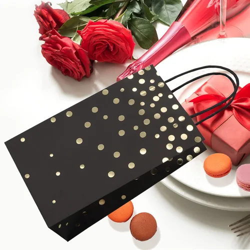 Miniatura 8 de ECOHOLA Bolsas de regalo de papel de aluminio negro y dorado con asas negras, 25 piezas de lunares metálicos dorados para regalos, minoristas