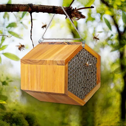 Miniatura 6 de Mason Bee House - Colmena de abejas de madera natural hecha a mano recubierta con cera para una larga vida útil y resistente al agua - Atrae