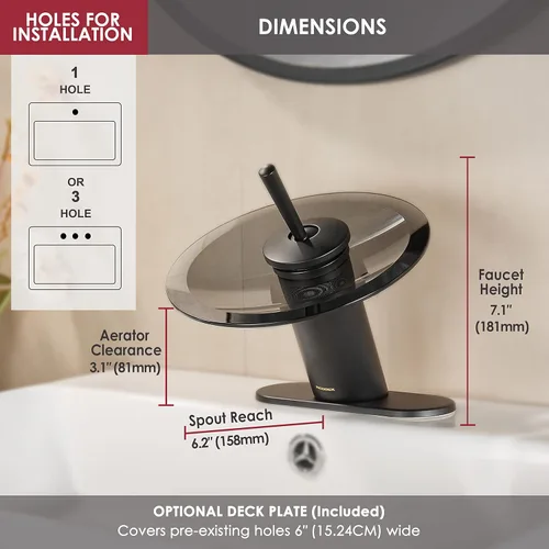 Miniatura 2 de Grifo de lavabo de baño en cascada de latón macizo, moderno círculo de cristal para lavabo, lavabo de un solo agujero, grifos de fregadero de Negro