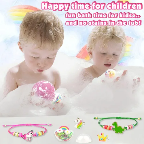 Miniatura 5 de Bombas de baño para niños con sorpresa en el interior, 6 bombas de baño grandes de burbujas orgánicas para niños con pulseras y anillos, juguetes