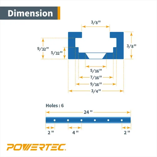 Miniatura 5 de POWERTEC 71118-P3, paquete de 6, pista en T universal de perfil de doble corte de 24 pulgadas con agujeros de montaje preperforados, pista en T