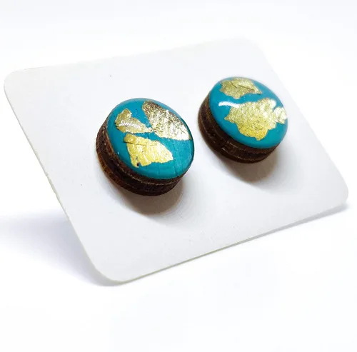 Miniatura 4 de Gold Flakes 10mm Stud Earrings, Handmade, Posts for Sensitive Ears (Turquoise with Gold Flakes)