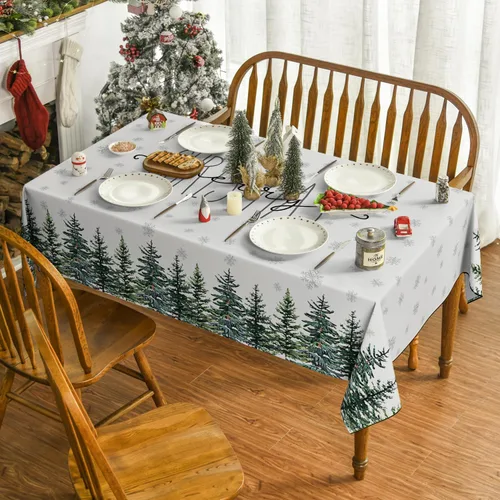 Miniatura 2 de Horaldaily Mantel de Navidad rectangular de 52 x 70 pulgadas, diseño de árboles de nieve de invierno, color blanco, lavable, para fiesta, picnic