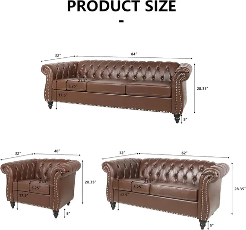 RARZOE Juego de sofá de 3 piezas para sala de estar, moderno sofá Chesterfield de piel sintética, silla de club Chesterfield y sofá de dos plazas