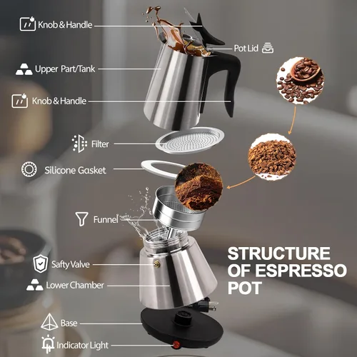 Miniatura 3 de Olla eléctrica de acero inoxidable para 6 tazas de 10.1 fl oz, cafetera expresa, cafetera portátil, cafetera italiana, clásica, Greca, Café, moca
