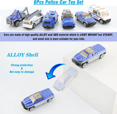 Miniatura 5 de BenRich Juego de 6 mini coches de aleación de metal fundido a presión a escala 1/64, escalera, torre de agua, ambulancia, coche de patrulla