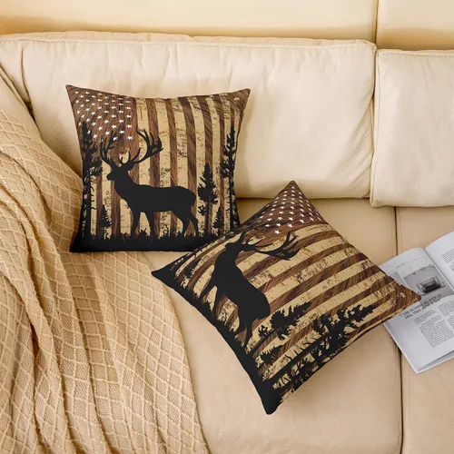 Miniatura 2 de Funda de almohada de piel de vaca, con bandera estadounidense, ciervos, cuernos de caza, para decoración del hogar, sala de estar, funda de cojín