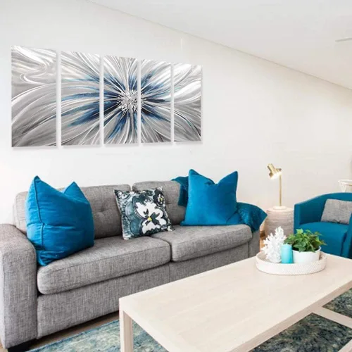 Miniatura 4 de RICHSPACE ARTS Arte moderno de pared de metal grande flor azul y plata escultura decoración con textura 3D juego de 5 piezas Azul y plateado