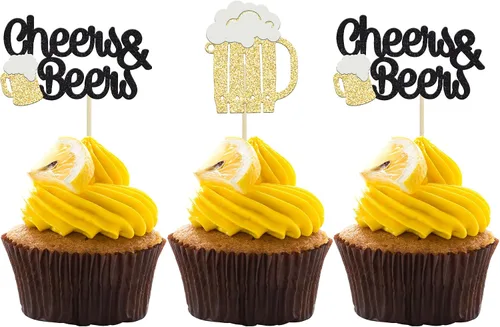 Gyufise 24 piezas de decoración para cupcakes de Cheers and Beers - Taza de cerveza con purpurina negra para cupcakes, baby shower, cumpleaños,