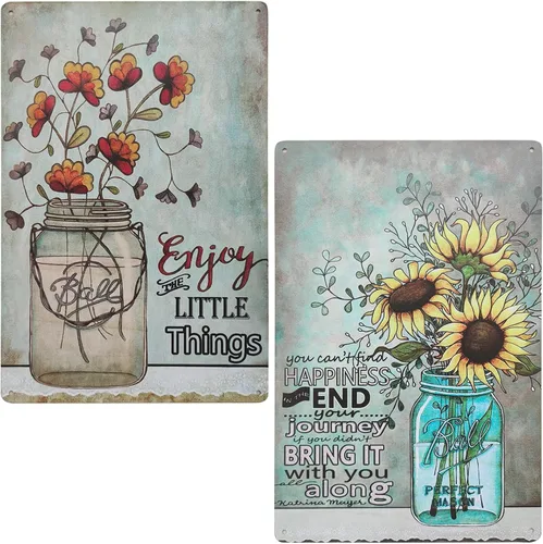 TISOSO Letrero de metal con dos botellas de vidrio, girasoles florales, amapolas, decoración de pared para sala de estar, arte vintage, cafetería,