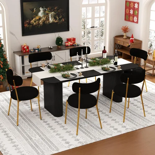 Miniatura 30 de Juego de mesa de comedor ovalada negra moderna de 70.9 pulgadas para 4, mesa de cocina rectangular estilo crema con sillas negras Boucle, juego