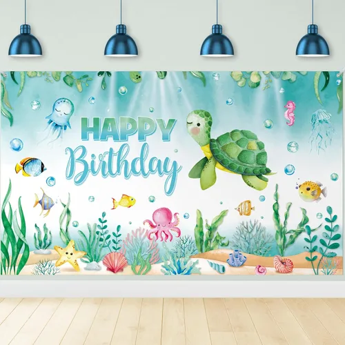 Preboun Pancarta de fondo de cumpleaños de tortuga oceánica, decoración de fondo de fotos de animales marinos del océano para fiesta de cumpleaños