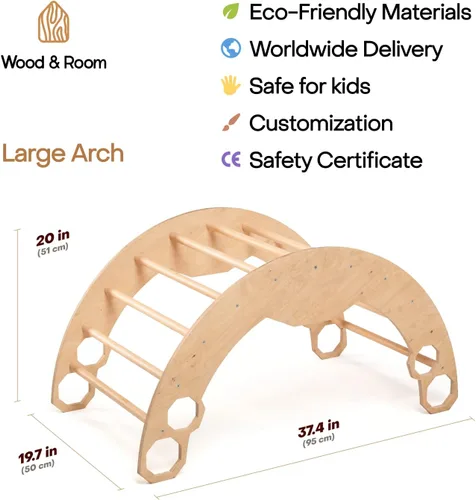 Miniatura 2 de WOOD&ROOM Arco de escalada de madera con cojín - Balancín escalador - Balancín de arco de madera interior con almohada - Puente Montessori