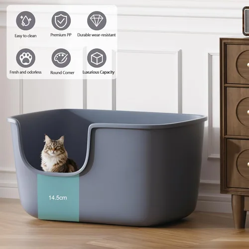 Miniatura 4 de Vealind Caja de arena grande para gatos de interior, caja de arena de entrada alta y baja de 22.2 x 14.9 x 12 pulgadas, cajas de arena altas con Gris
