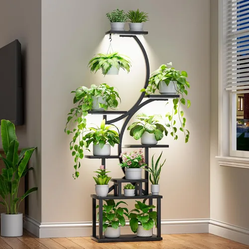 Soporte para plantas con luces de cultivo para plantas de interior, estante esquinero alto de 8 niveles con luz de espectro completo, en forma de S,