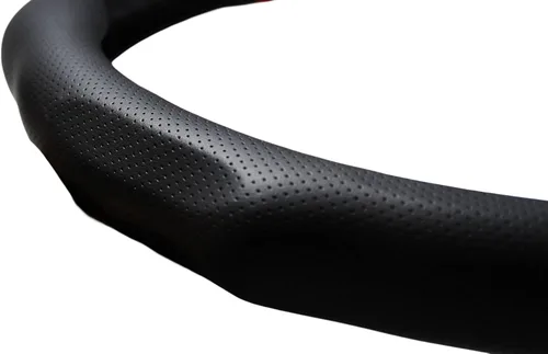 Miniatura 5 de Instalación rápida Funda de volante de cuero Nappa perforado con estilo deportivo y rayas rojas, ajuste universal de 14½" a 15" para automóvil, SUV