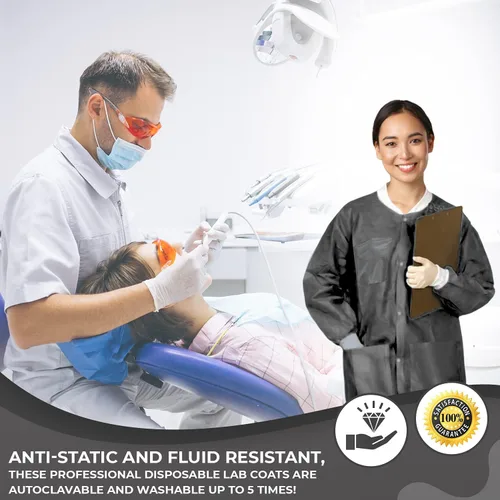 Miniatura 41 de Paquete de 10 chaquetas desechables de laboratorio, chaqueta médica reutilizable hasta la cadera, unisex, con puños de punto y bolsillos