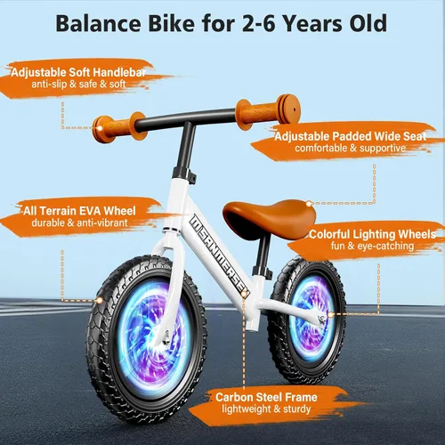 Miniatura 4 de Colorful Lighting - Bicicleta de equilibrio sin pedal de 12 pulgadas, para niños de 24 meses a 5 años de edad, bicicleta ligera de equilibrio Blanco
