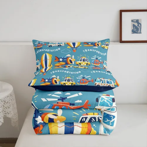 Miniatura 6 de Erosebridal Juego de edredón de coches tamaño individual para niños y niños, juegos de edredón de helicóptero de avión, ropa de cama de globo