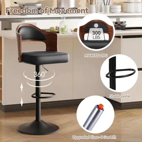 Miniatura 5 de Juego de 2 taburetes de bar giratorios, taburetes de bar de madera tapizados en cuero PU con respaldo y reposapiés, asiento de altura ajustable