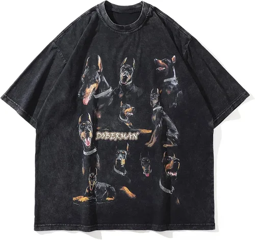 Vamtac Mens Oversized Washed Doberman Graphic Tees Casual Summer Tops Streetwear Aesthetic T-Shirt Unisex
