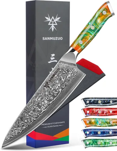 Miniatura 9 de Cuchillo de chef de 8 pulgadas, serie Xuan, VG10, cuchillo de cocina de acero damasco, mango de resina (azul zafiro)