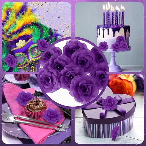 Miniatura 4 de 200 flores artificiales de seda falsa de 3 pulgadas con tallo de esmeralda, rosa sintética y tallo de 6 pulgadas para boda, ramo de novia, Morado