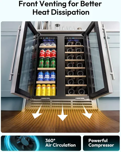 Miniatura 6 de EUHOMY Refrigerador de vino y bebidas, enfriador de vino de doble zona de 24 pulgadas con puerta de vidrio que contiene 21 botellas y 88 latas