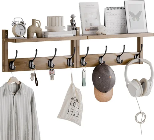 Miniatura 10 de STELLSTAR Perchero con estante, paquete de 2 colgadores de pared de bambú con 8 ganchos para entrada, pasillo, cocina, baño, sala de estar, cuarto