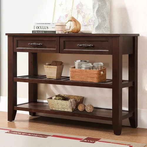 RUNNA Mesa de sofá consola con 2 cajones de almacenamiento y estantes de 2 niveles, aparador de madera maciza para sala de estar, muebles, cocina,