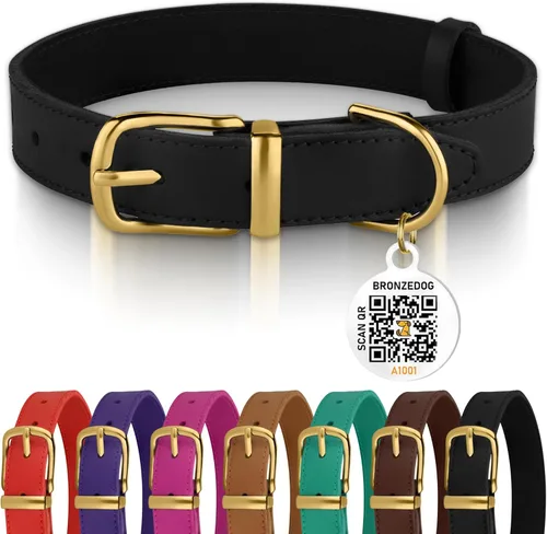 BRONZEDOG Collar de cuero para perro con etiqueta de identificación QR, collares básicos para mascotas pequeños mini, gatos, cachorros (7-9 pulgadas