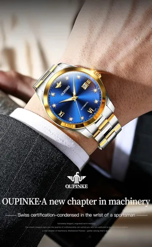 Miniatura 2 de OUPINKE Relojes mecánicos originales para hombres de lujo dorado con diamantes reales de zafiro de cristal números romanos vestido de negocios