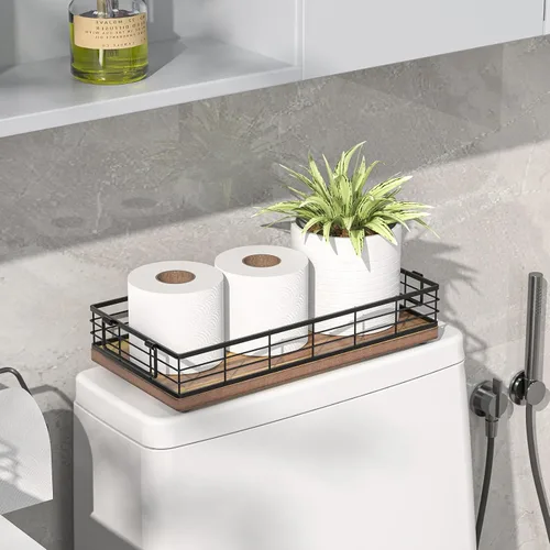 Miniatura 2 de Cesta de papel higiénico de acacia, bandeja de 13 pulgadas para almacenamiento de artículos de aseo en la parte superior del inodoro, organizador